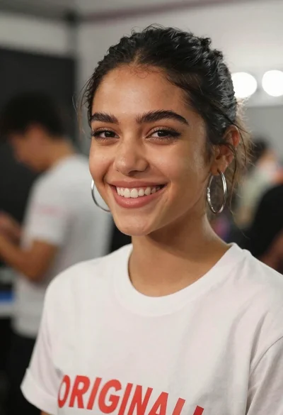 Close up portrait of smiling young woman in white tshirt indoors