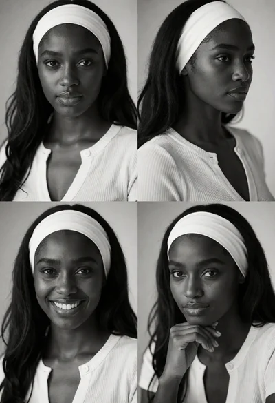 Black and white collage of four portrait panels featuring dark skinned young
