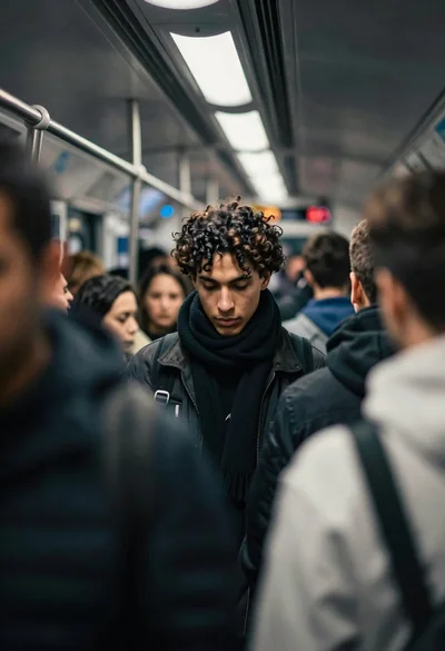 Young man in subway car with focused expression
