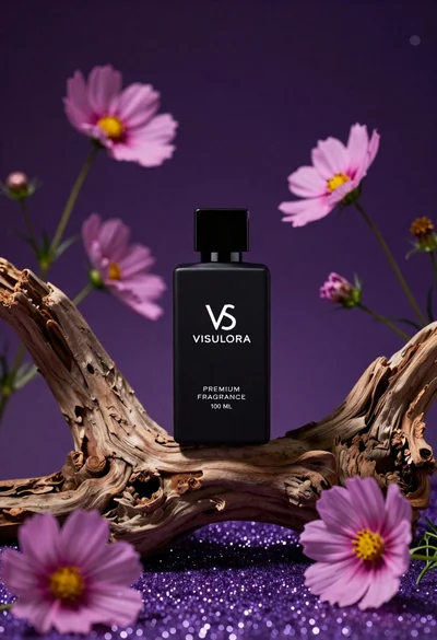 Black perfume bottle on driftwood surrounded by pink cosmos flowers in purple