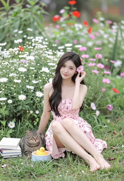 Young woman with dark hair sitting in lush garden among colorful wildflowers