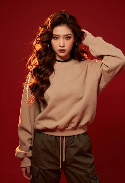 Portrait of young woman in beige sweatshirt against red background