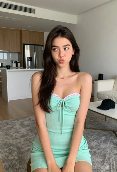 Young woman with dark hair in mint dress inside modern apartment