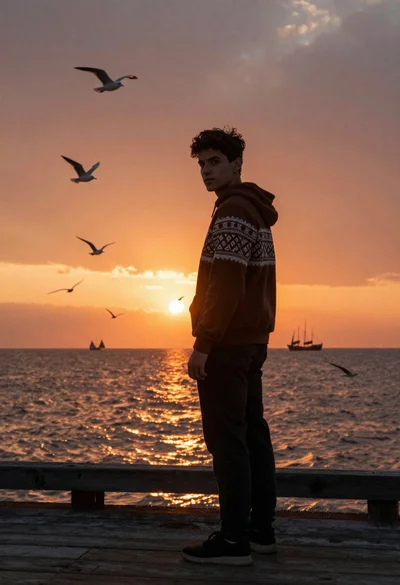 Young man in hoodie looking over shoulder on wooden pier at sunset