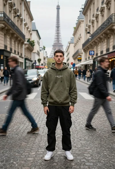 Young man standing sharply on parisian cobblestone street with motion blur