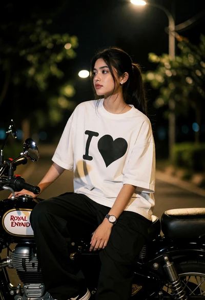 Young woman sitting on black motorcycle at night street scene