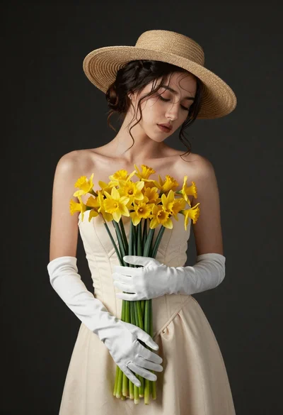 Graceful woman in cream dress holding yellow flowers in studio