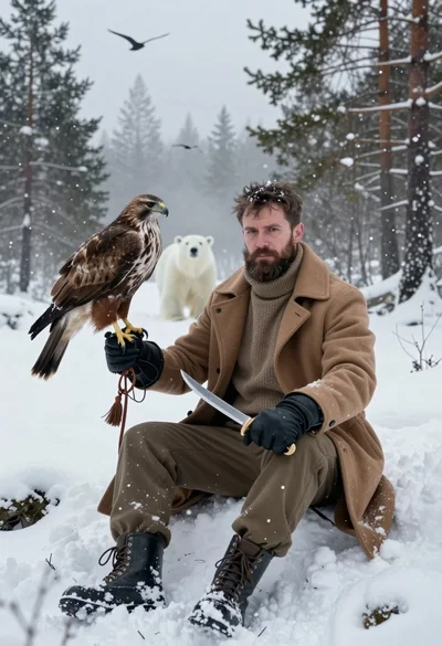 Bearded man holding hawk and knife in snowy forest with polar bear