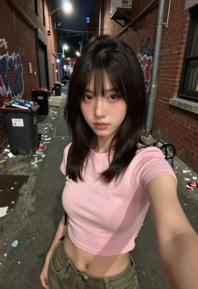 Young woman taking selfie in a grimy urban alleyway