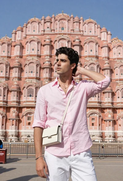 Handsome young man in pink shirt standing before ornate sandstone palace