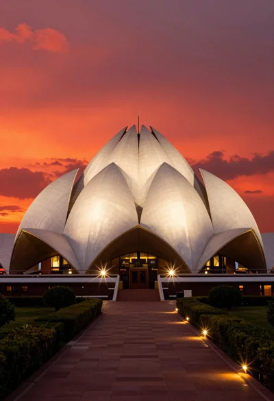 Majestic white lotus temple illuminated against dramatic red orange twilight sky