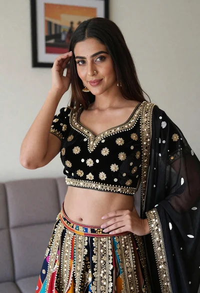 Young woman in ornate black and gold lehenga choli indoors portrait