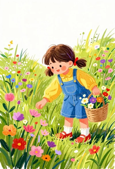 Cute girl with brown pigtails picking colorful flowers in a sunny meadow