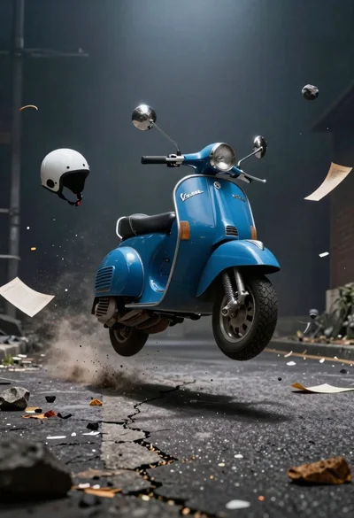 Vintage blue vespa scooter suspended in midair above cracked asphalt