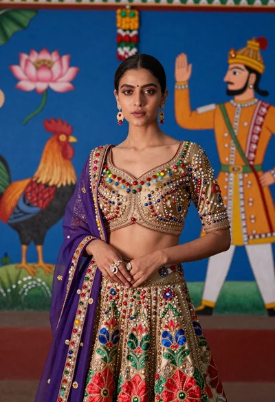Young woman in ornate lehenga choli against vibrant blue mural background