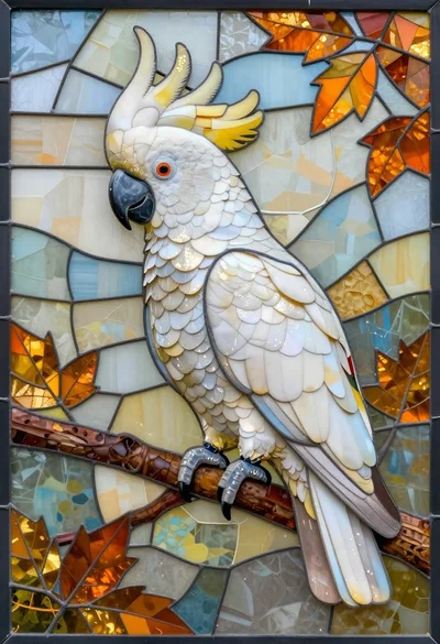 Stained glass mosaic of a cockatoo on a branch