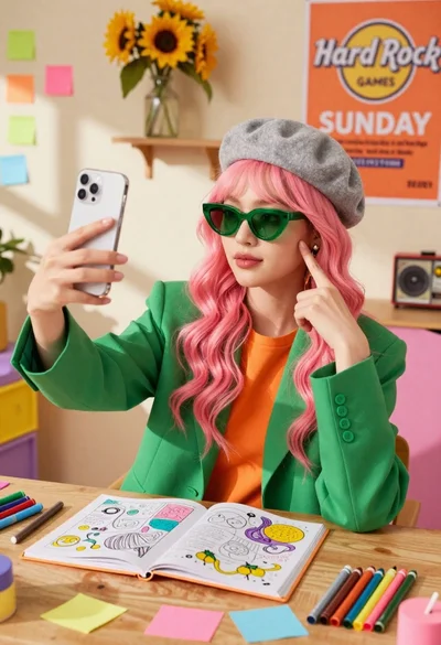 Young woman with pink hair taking selfie at desk with stationery