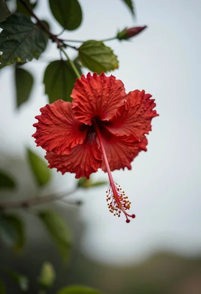 Close up photograph of vibrant red hibiscus flower against soft green bokeh