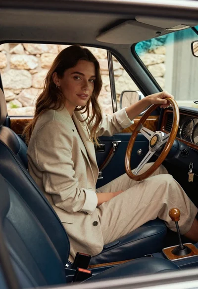 Woman in beige blazer sitting in vintage car driver seat