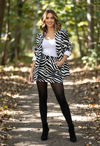 Stylish woman in zebra print suit standing on sun dappled forest path