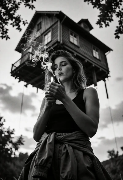 Low angle black and white photograph of woman under floating house