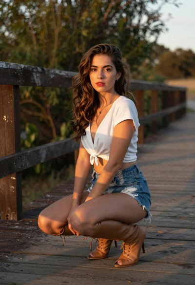 Young woman crouching on wooden boardwalk with trees