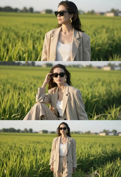 Woman in beige blazer standing in lush green field at golden hour