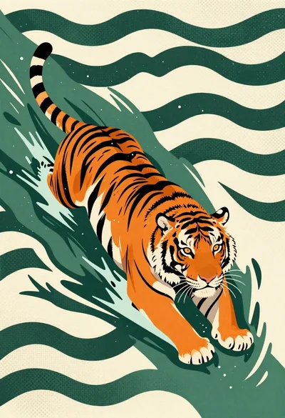 Tiger swimming through stylized green wave pattern
