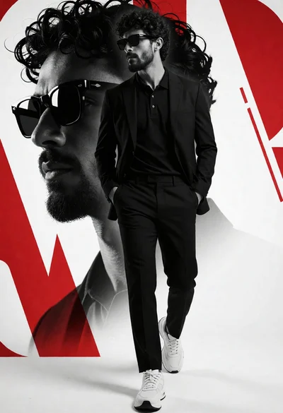 Man in black suit walking through stark studio setting with bold graphic