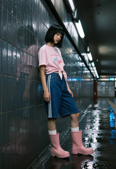 Young woman in pink tshirt and rain boots standing in a dimly