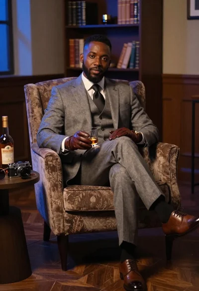 Black man in suit with whiskey in dimly lit room