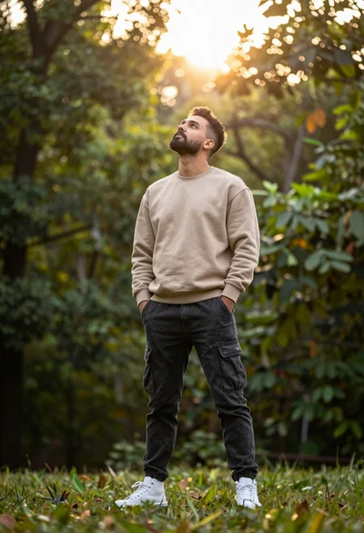 Man in beige sweatshirt looking up into sunlit forest background