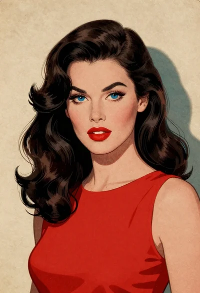 Vintage illustrated portrait of woman with dark hair and red lipstick