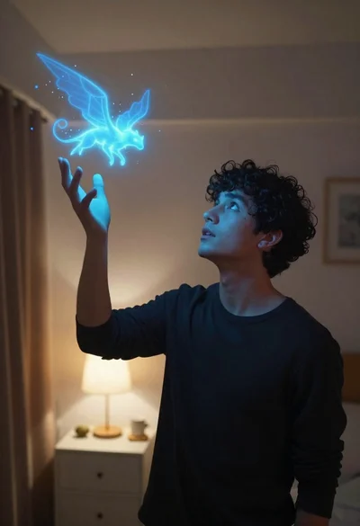 Young man looking up at glowing magical creature in dimly lit bedroom