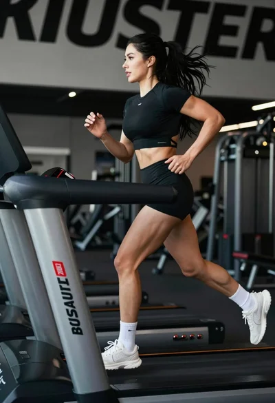 Fit woman running intensely on treadmill in modern gym setting low angle