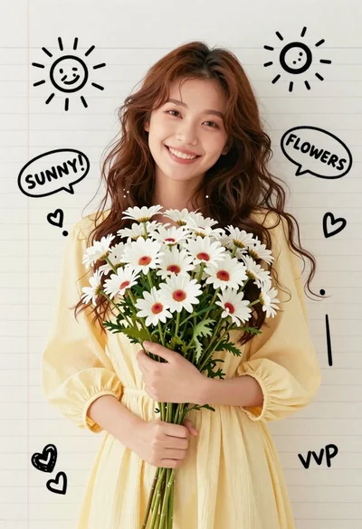 Young woman holding daisies in front of chest on lined notebook paper