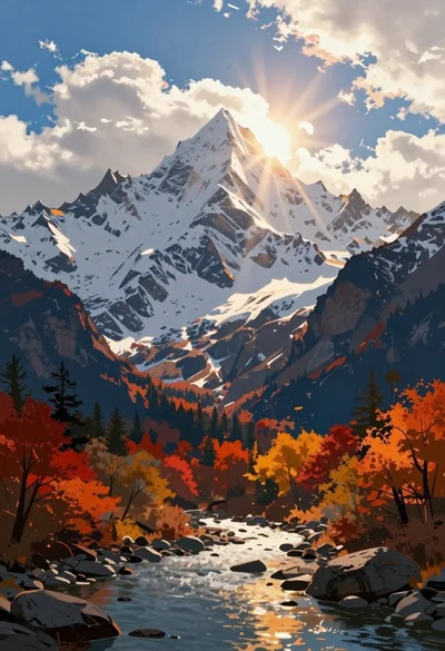 Mountain landscape with sunbeams over autumn forest