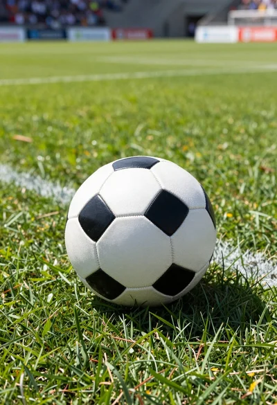 Classic black and white soccer ball resting on lush green sports pitch