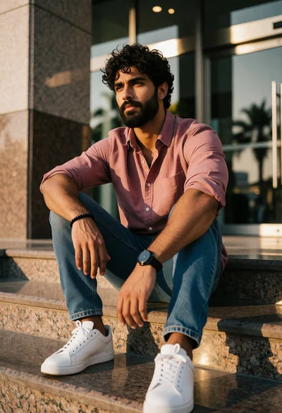 Handsome young man sitting on granite steps outside modern building entrance