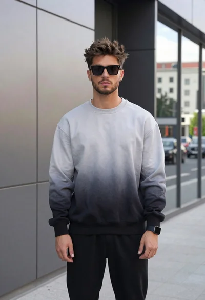Young man in gradient sweatshirt standing in modern city street setting