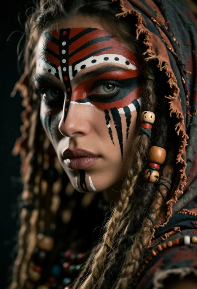 Close up portrait of woman with tribal face paint and beaded dreadlocks