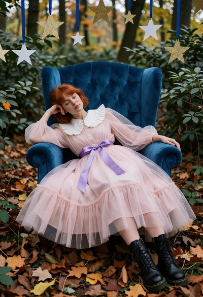Woman in pink tulle dress reclining in blue armchair within a forest