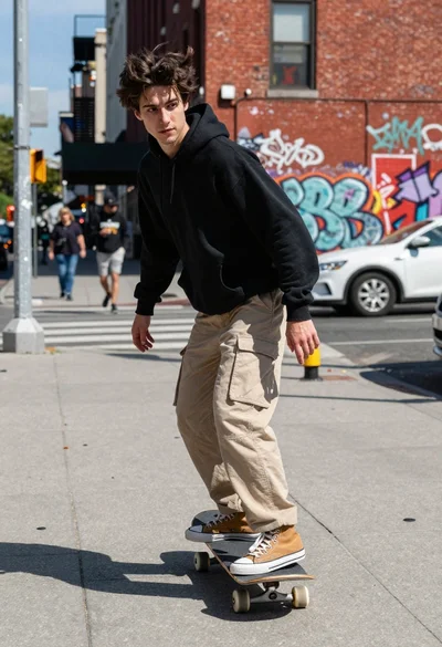 Young man skateboarding down graffiti covered urban street sidewalk