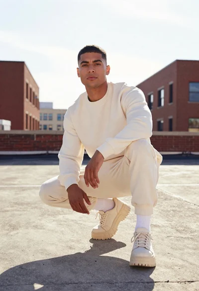 Low angle portrait of man crouching on urban rooftop