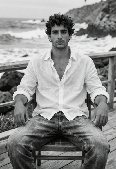 Handsome young man in linen shirt sitting on coastal deck by ocean