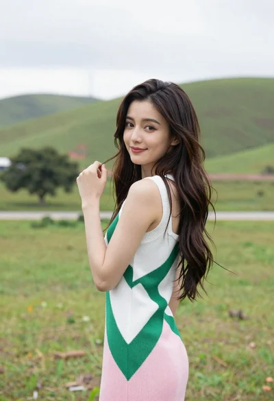 Young woman in patterned dress looking back over grassy hills