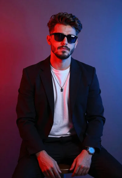 Confident young man in black blazer sitting on stool against red blue