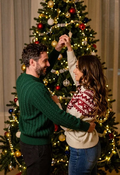 Couple dancing in front of a decorated christmas tree in indoor setting