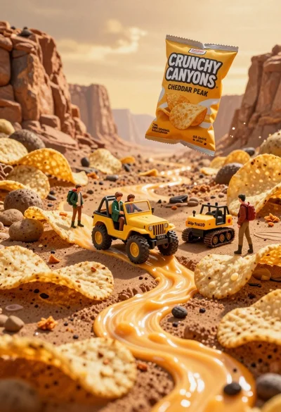 Tiny yellow jeep drives over giant potato chips in desert canyon at