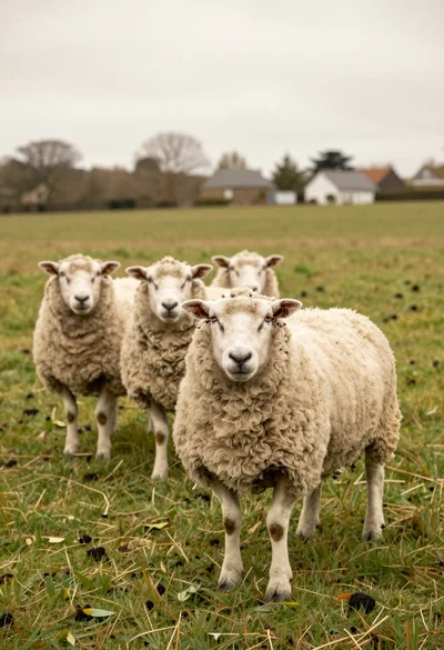 Three fluffy sheep standing in a lush green pasture under an overcast